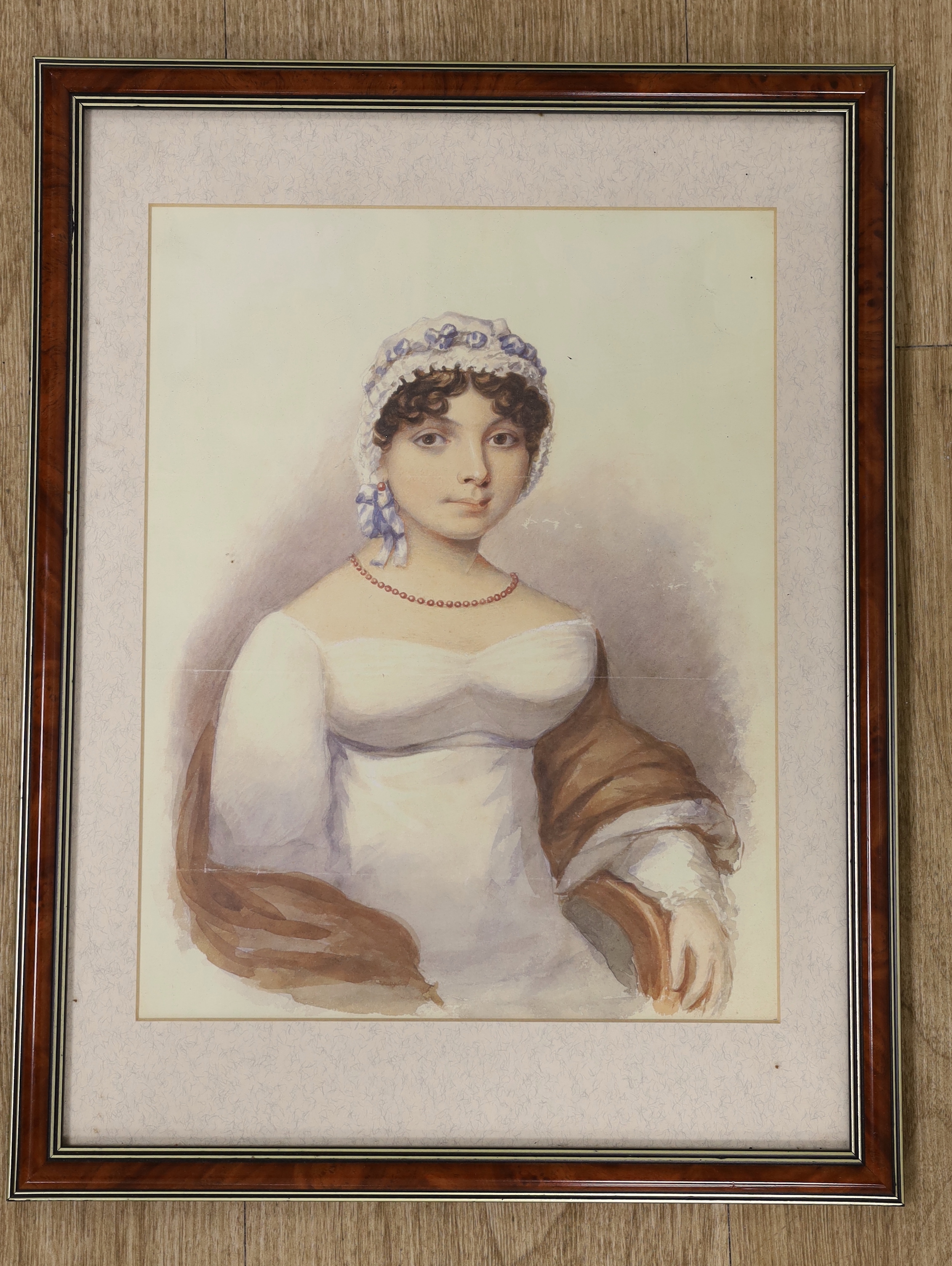 Early 19th century, watercolour, portrait of a Regency lady wearing a bonnet together with six hunting colour prints, watercolour 24 x 30cm
